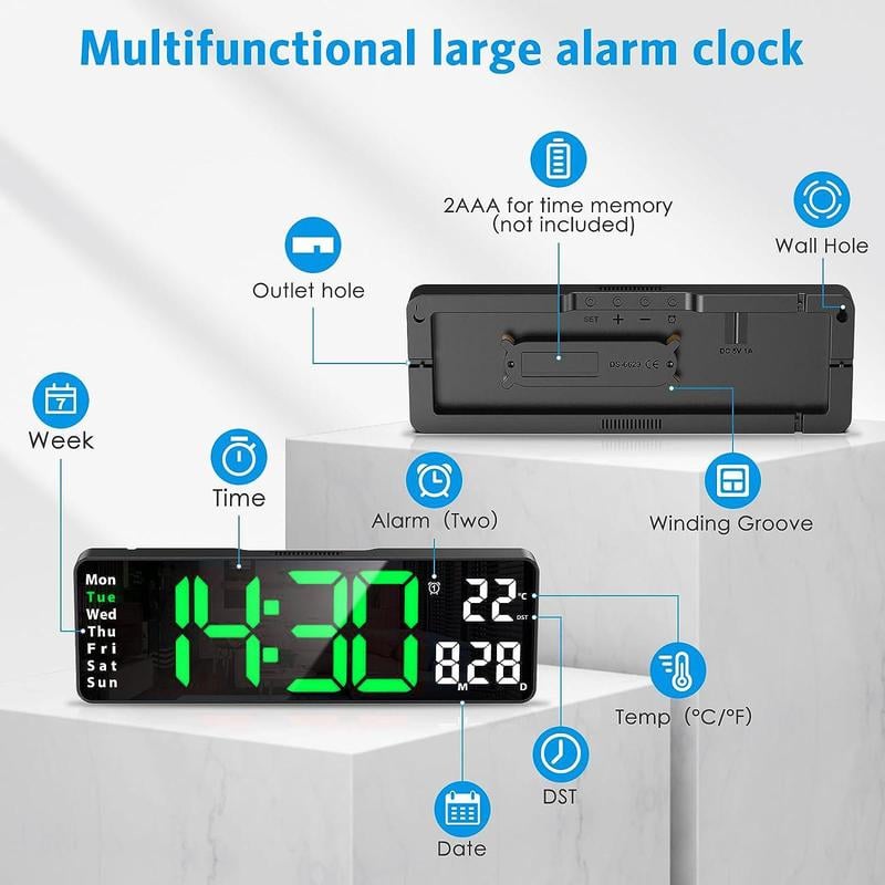 13" Large Digital Clock with Temperature, Date, Auto DST, Night Light, Auto Brightness Dimmer