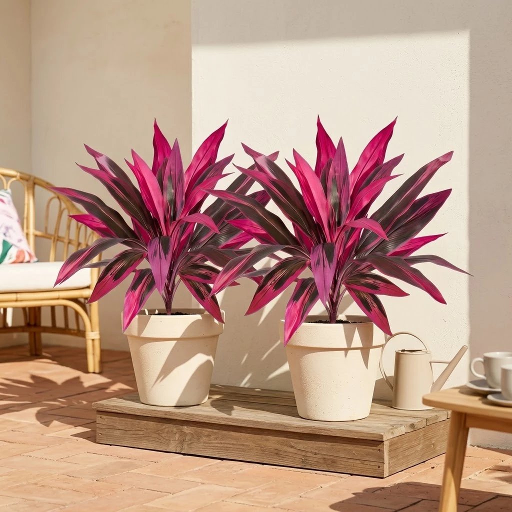 2Pcs Large Artificial Boston Fern & Dragon’s Blood Tree Plants | Vibrant Pink Purple Faux Plants for Garden Patio Balcony Decor 🌼