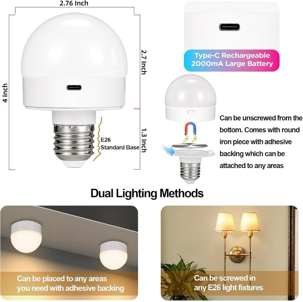 Rechargeable Light Bulbs with Remote Control, Battery Operated Light Bulb for Sconce and Lamp, 3 Color Temperature Dimmable E26 Wireless Detachable LED Charging Bulb