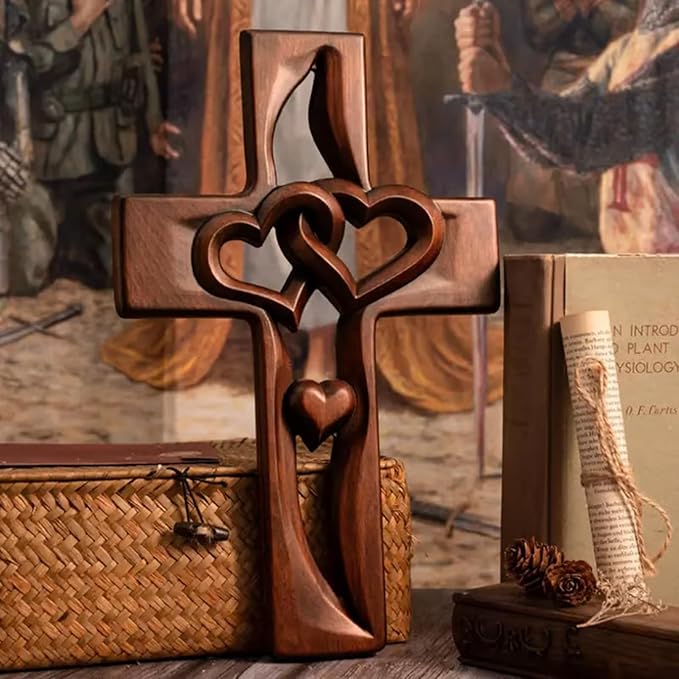 🔥Last Day 49% OFF -✨ Hand-Carved Intertwined Hearts Wooden Cross✝️