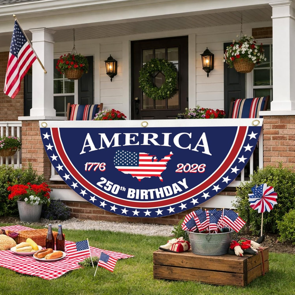 250th Anniversary Birthday Bunting Flag, 1776-2026 Commemorative Patriotic Fan Banner with Brass Grommets