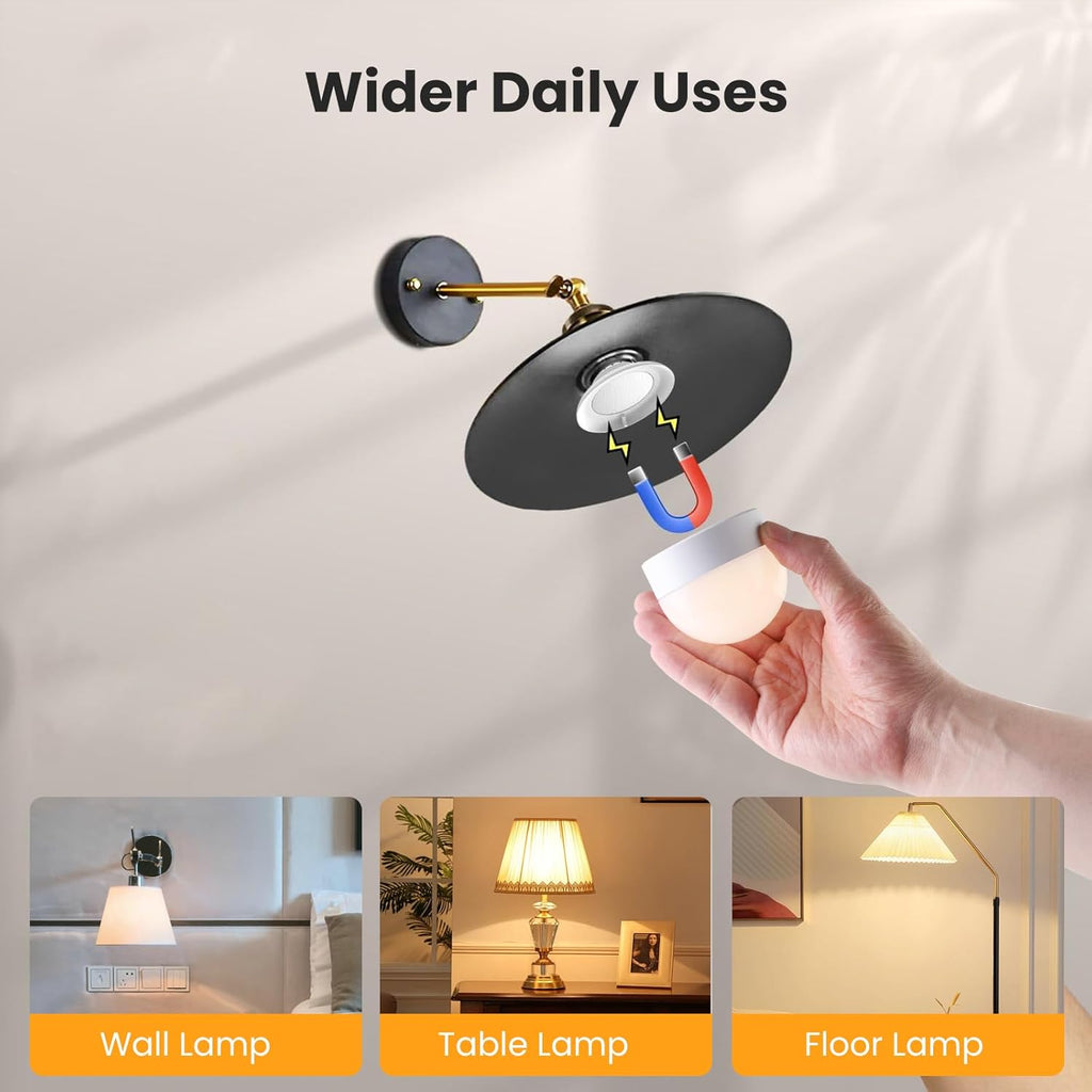 Rechargeable Light Bulbs with Remote Control, Battery Operated Light Bulb for Sconce and Lamp, 3 Color Temperature Dimmable E26 Wireless Detachable LED Charging Bulb