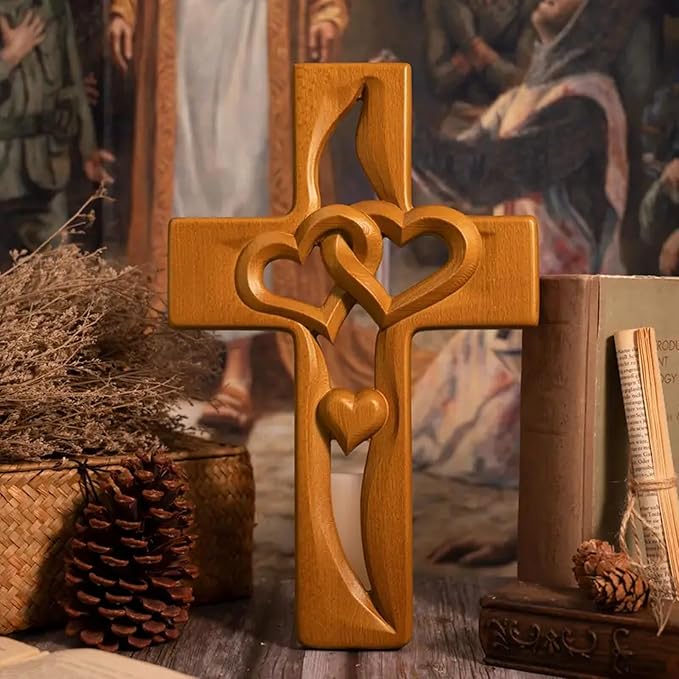 🔥Last Day 49% OFF -✨ Hand-Carved Intertwined Hearts Wooden Cross✝️