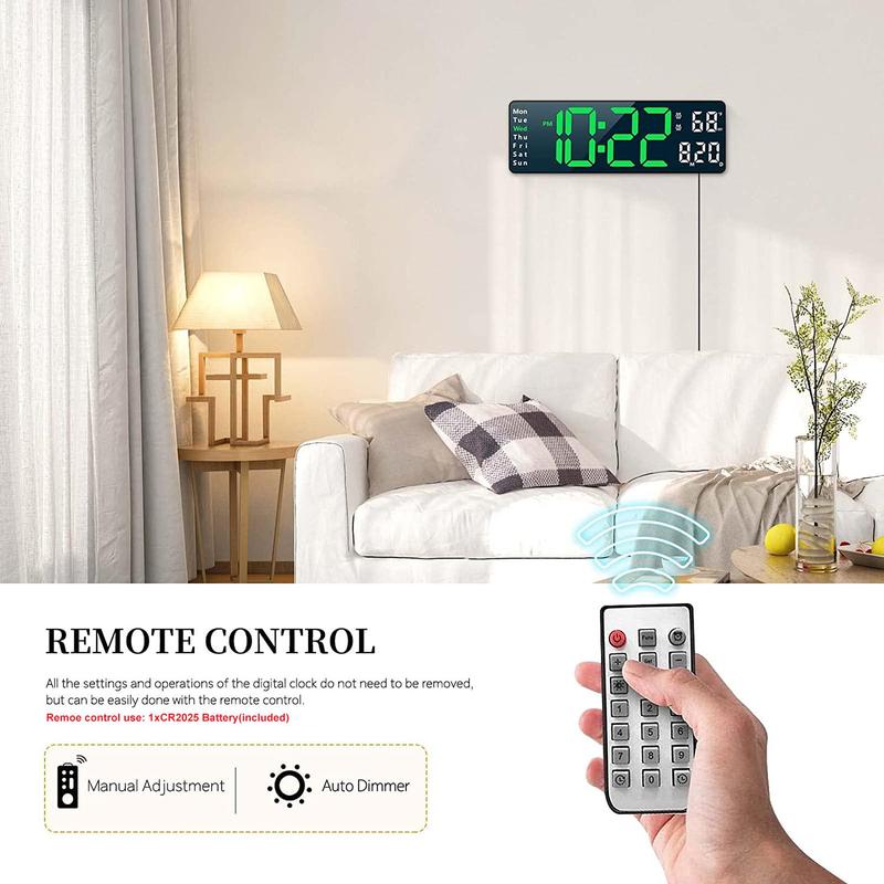 13" Large Digital Clock with Temperature, Date, Auto DST, Night Light, Auto Brightness Dimmer