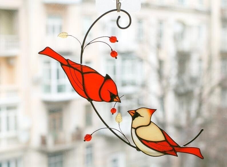 Pair of Cardinal bird stained ornament