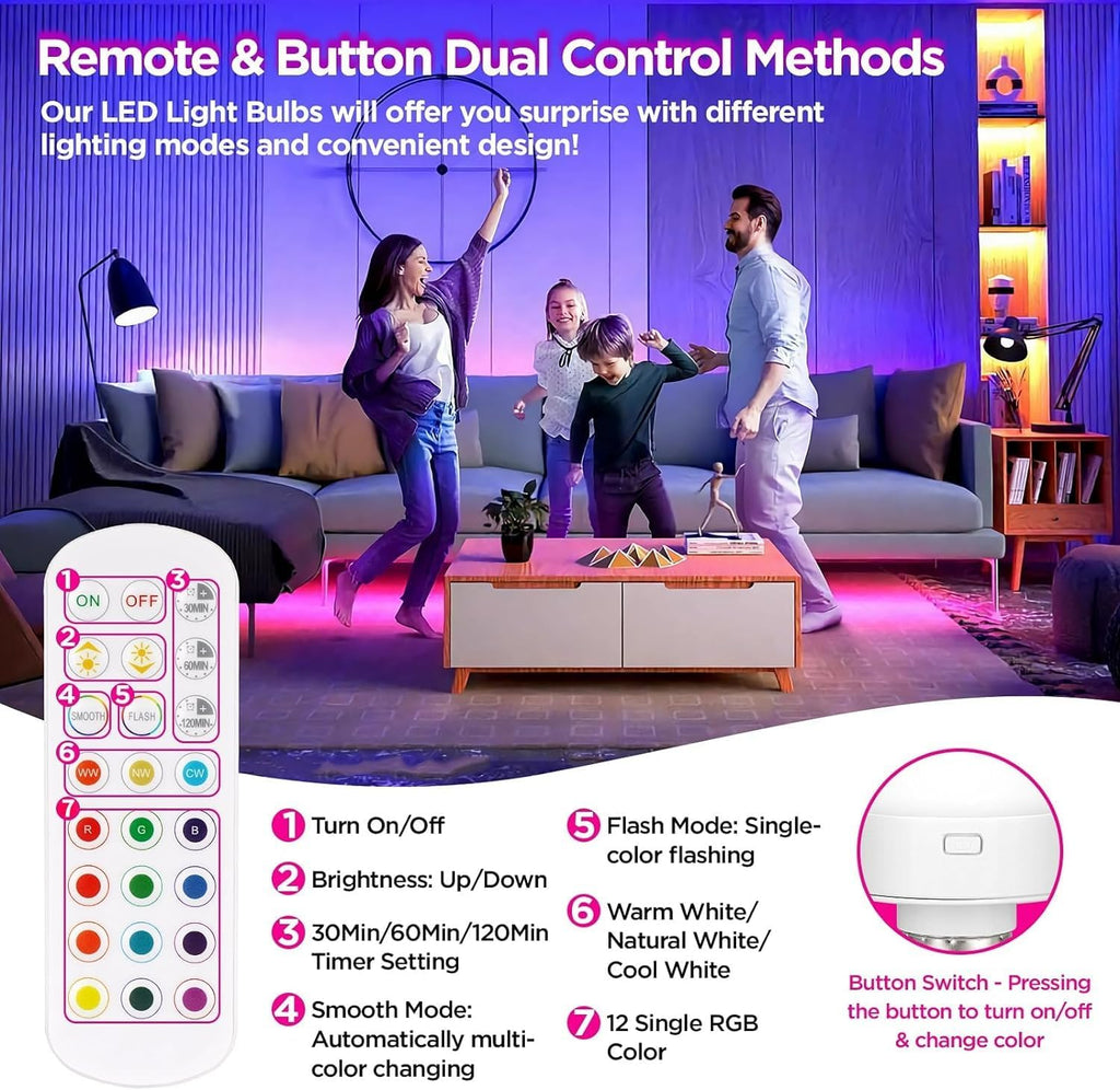 Rechargeable Light Bulbs with Remote Control, Battery Operated Light Bulb for Sconce and Lamp, 3 Color Temperature Dimmable E26 Wireless Detachable LED Charging Bulb